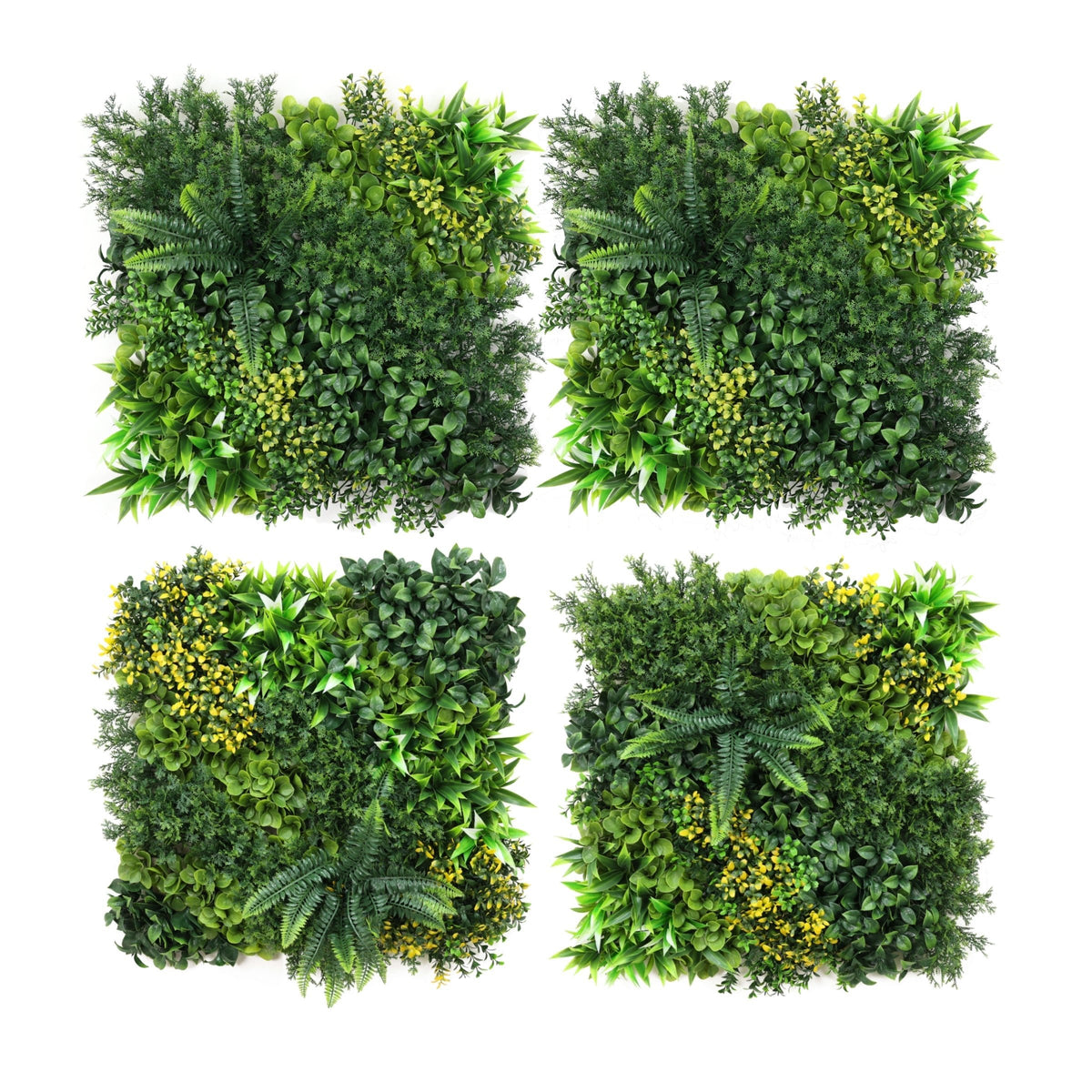 Artificial green wall panel set with ferns and leafy plants, square tiles