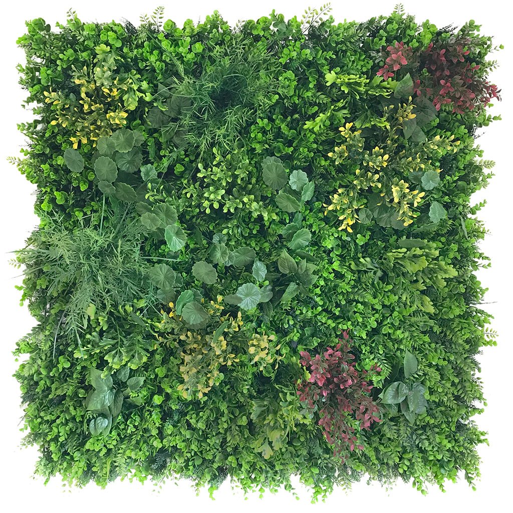 Artificial plant wall panel with mixed green foliage, yellow tips, and red accents