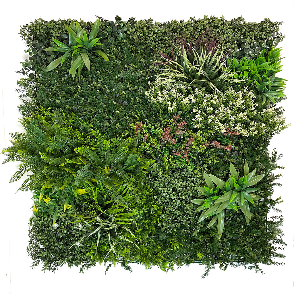 Artificial green wall panel with variegated mixed green yellow red white foliage GW74A 100x100 cm