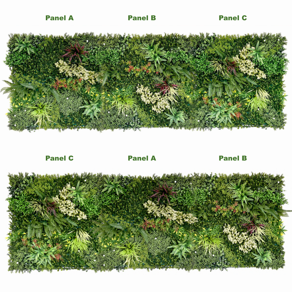 Set of artificial green wall panels with mixed foliage in green yellow red tones