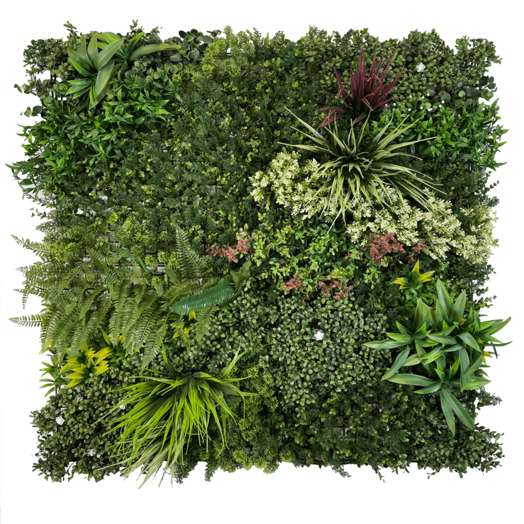 Artificial wall panel with dense mixed foliage in green, yellow, red, and white