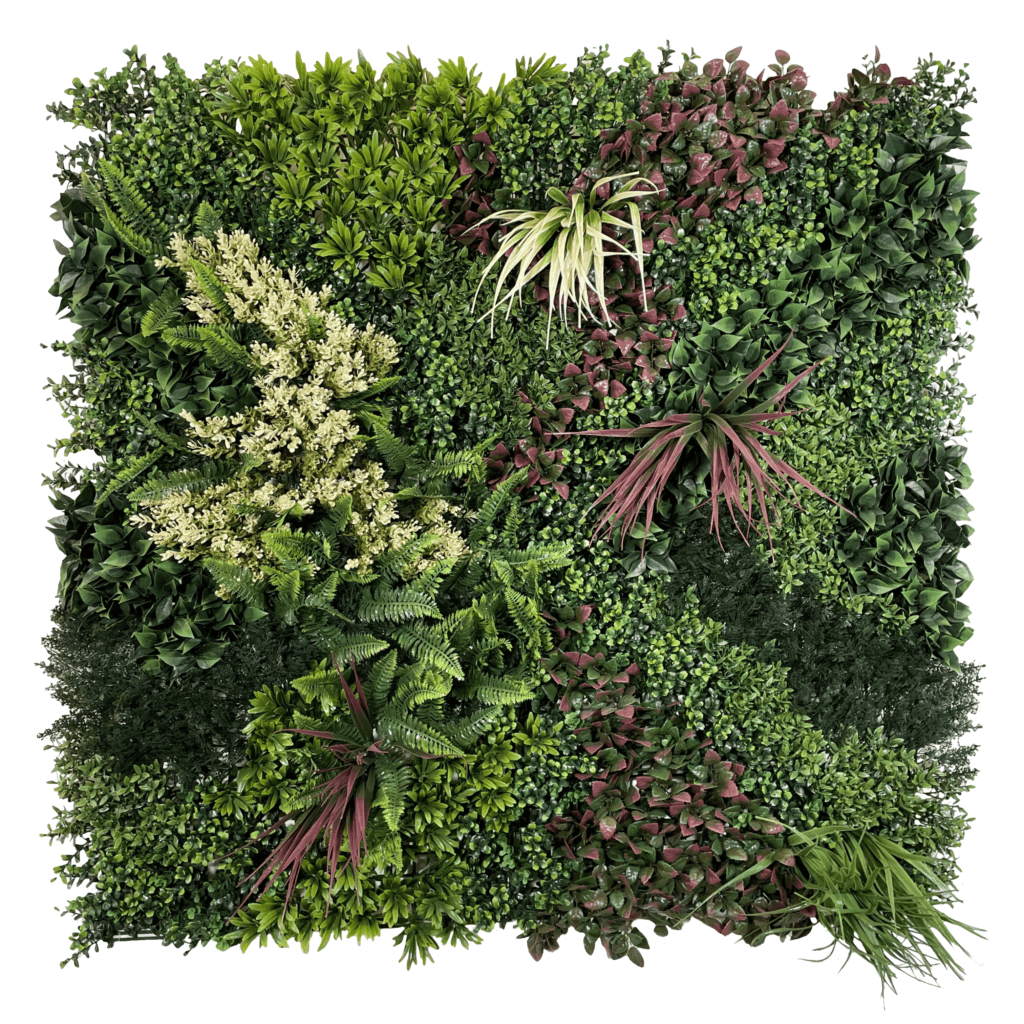 Artificial foliage wall panel with mixed green, red, and white variegated plants