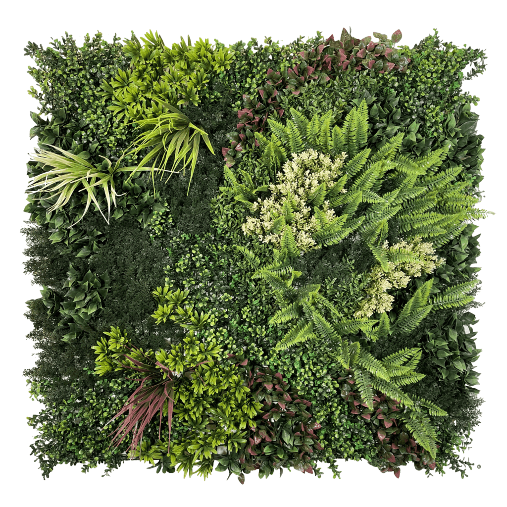 Artificial foliage wall panel with mixed green leaves, ferns, and red accents