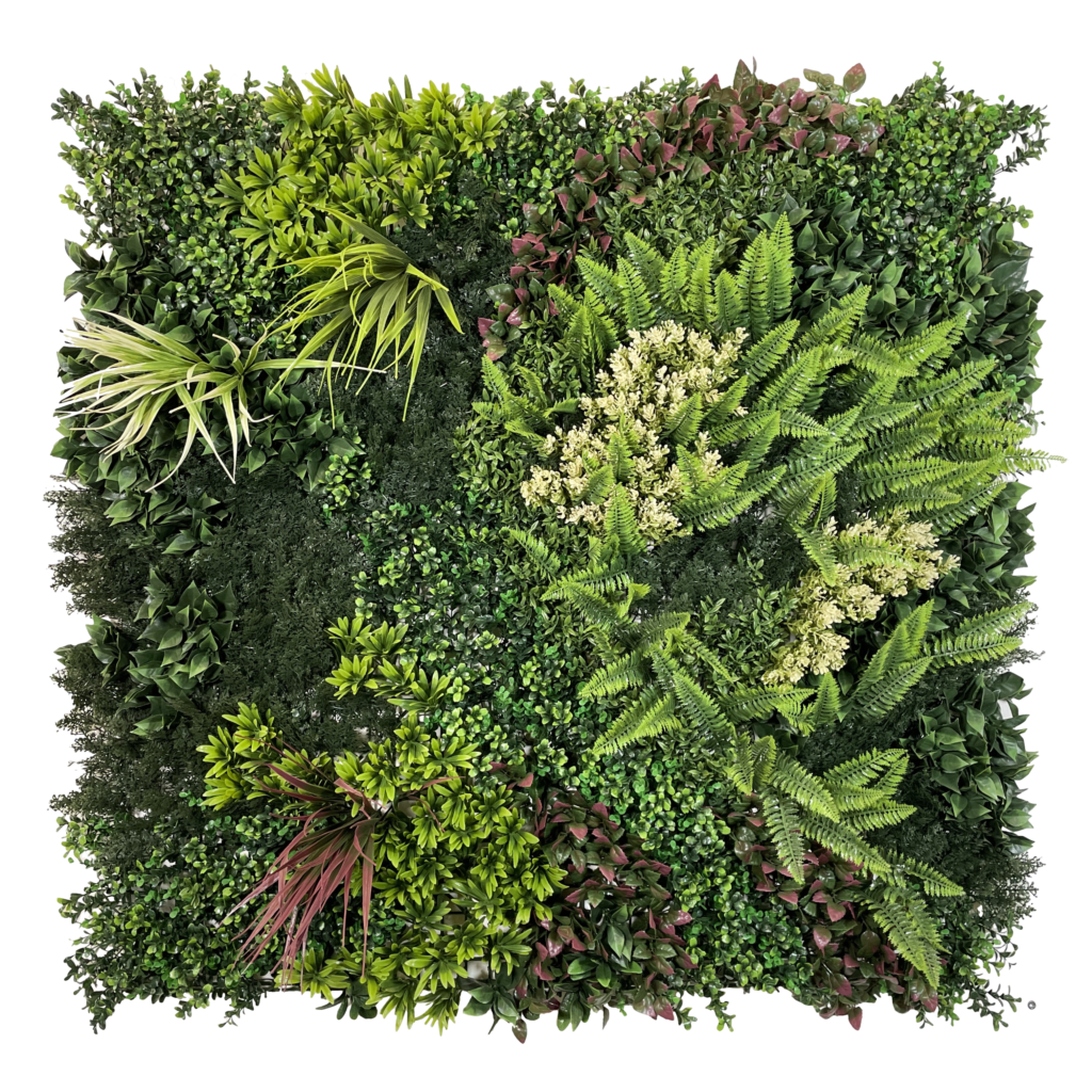 Artificial green wall panels ferns grasses palm heads & various bushes in green yellow and white - 100x100 cm