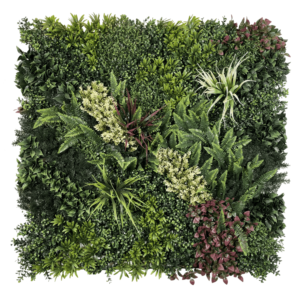 Artificial green wall panel with mixed foliage, red and white accents, 100x100 cm