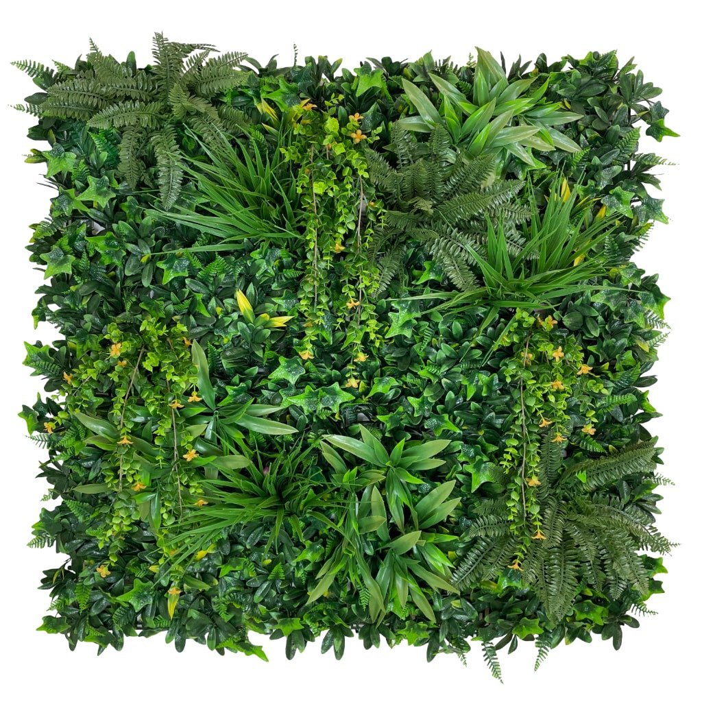 Artificial wall panel of dense green foliage with small yellow trailing flowers, 100x100 cm