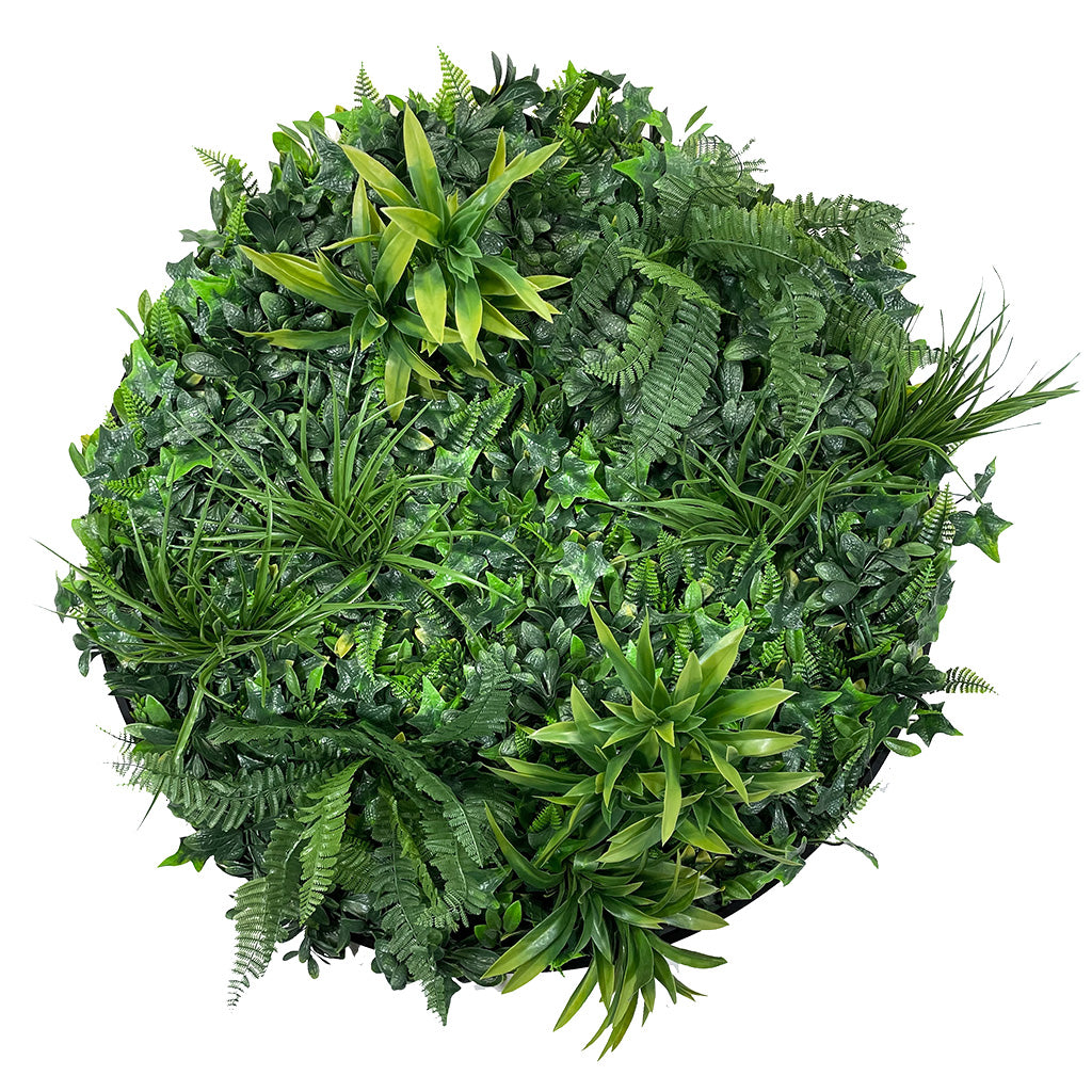 Artificial outdoor green foliage wall circular art panel 80 cm black aluminium