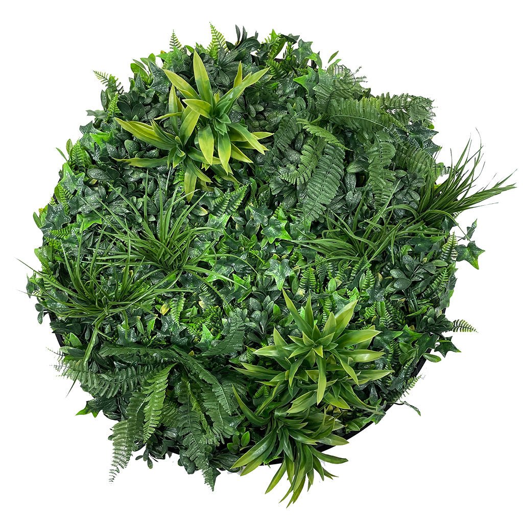 Circular artificial foliage wall panel with dense green leaves