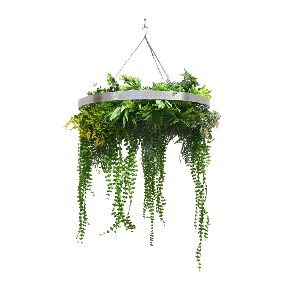 Metal hanging hoop with artificial green trailing vines and leaves