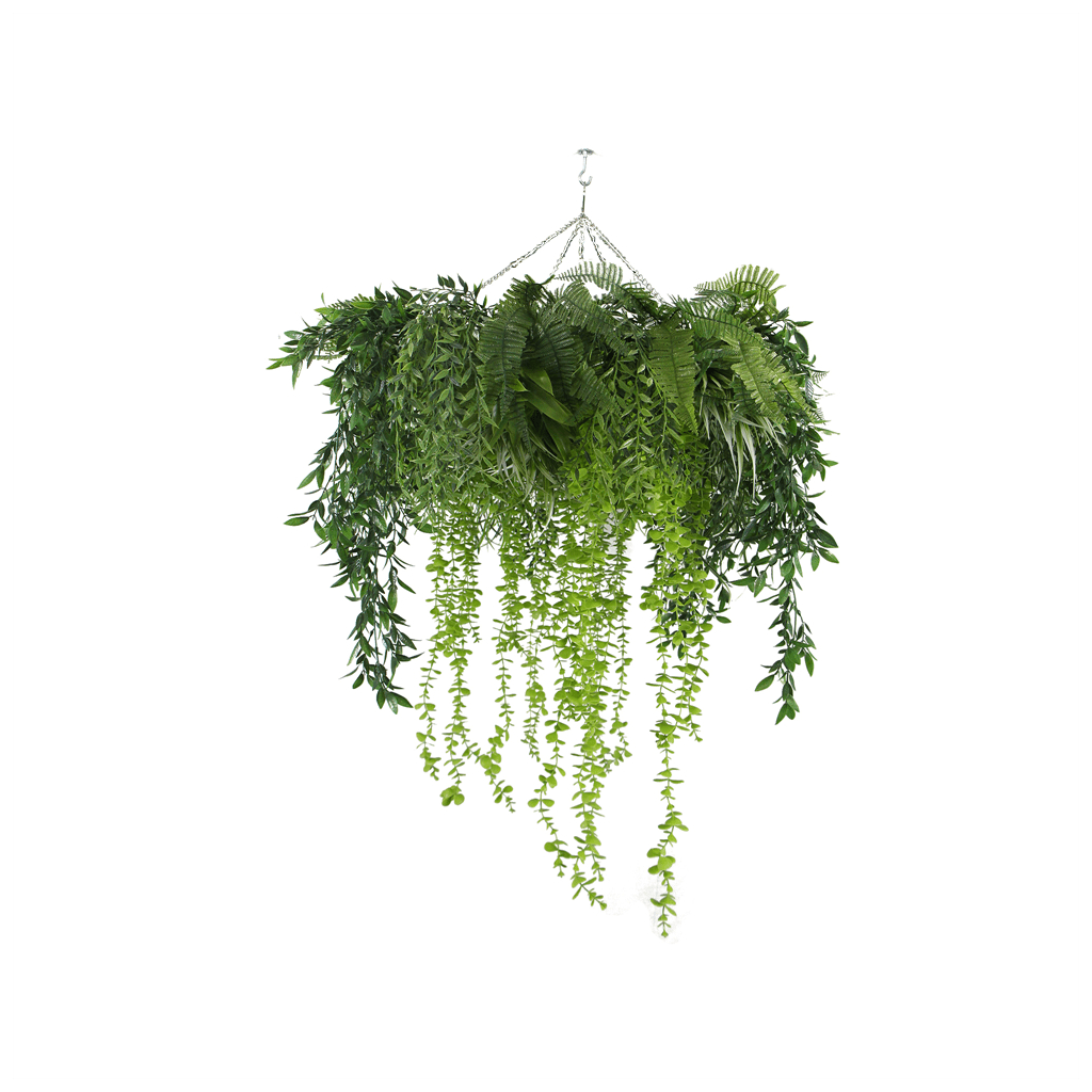 Artificial hanging greenery wall raft with clustered leaves and cascading tendrils