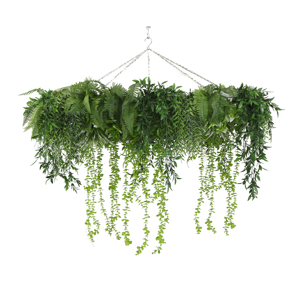 Artificial hanging greenery wall raft with wide canopy and long trailing vines