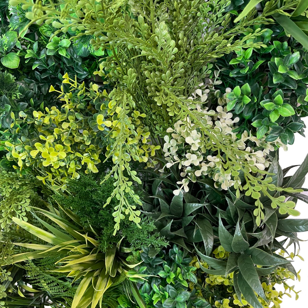 Premium realistic artificial 3D plant wall PW23 with lush green with yellow and white foliage 100x50cm