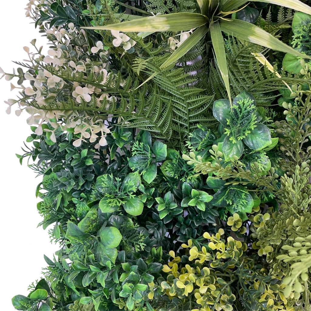 Premium realistic artificial 3D plant wall PW23 with lush green with yellow and white foliage 100x50cm