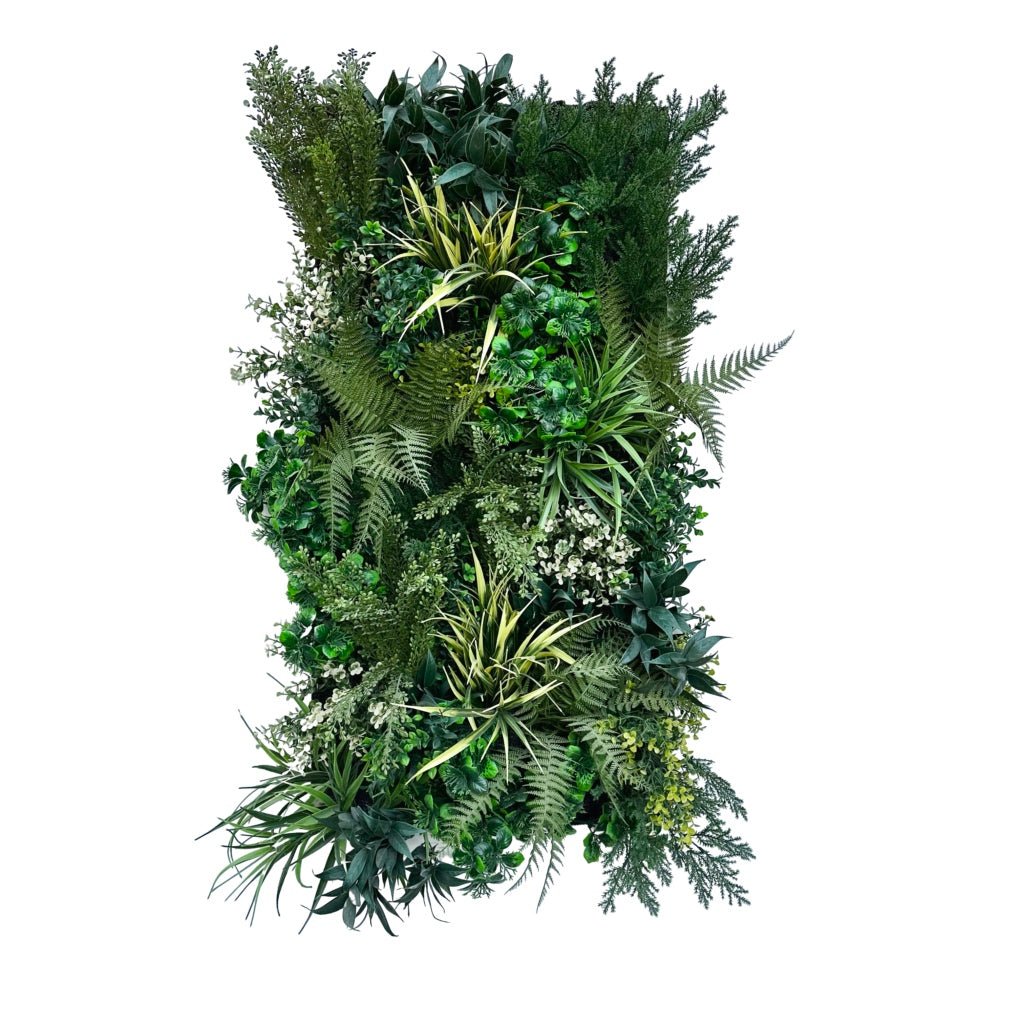Artificial green wall panel with mixed leafy plants and ferns, dense vertical arrangement