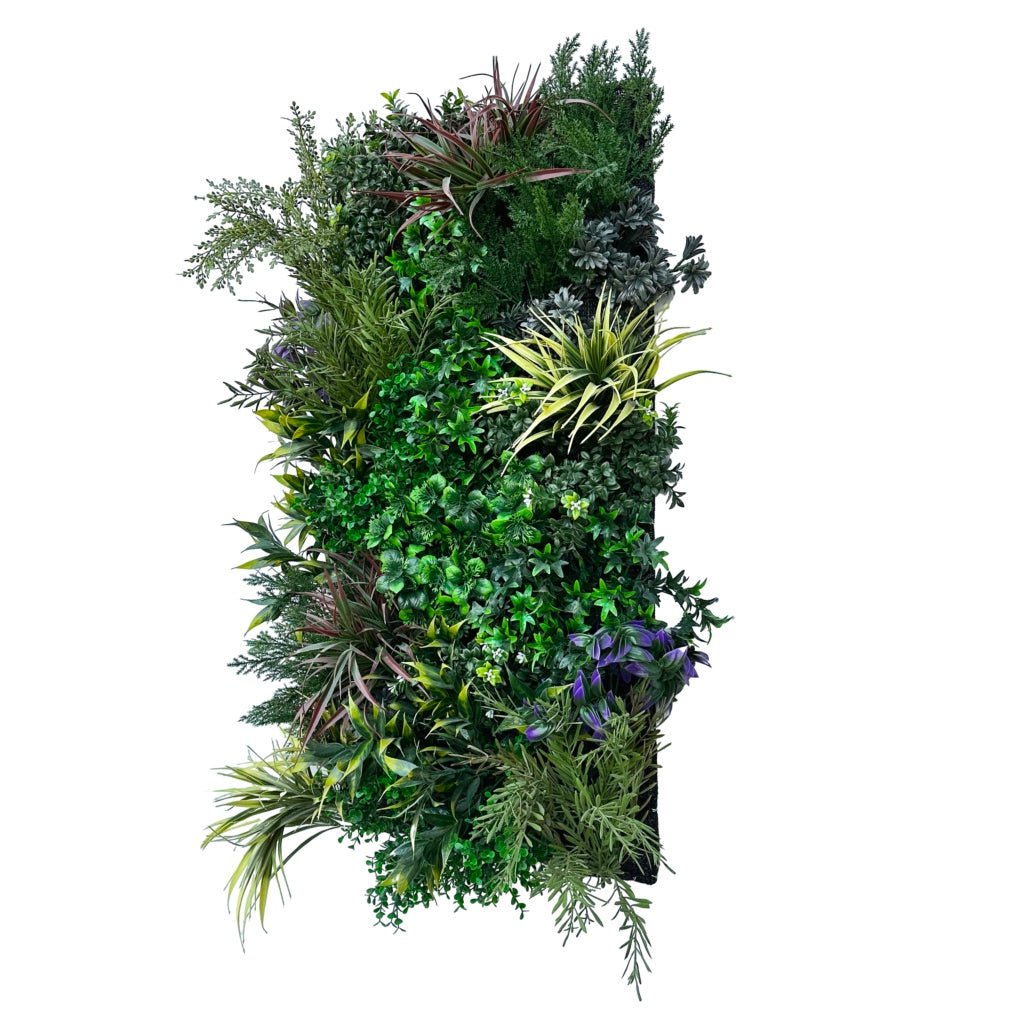 Rectangular artificial plant wall with dense green foliage and small purple flowers