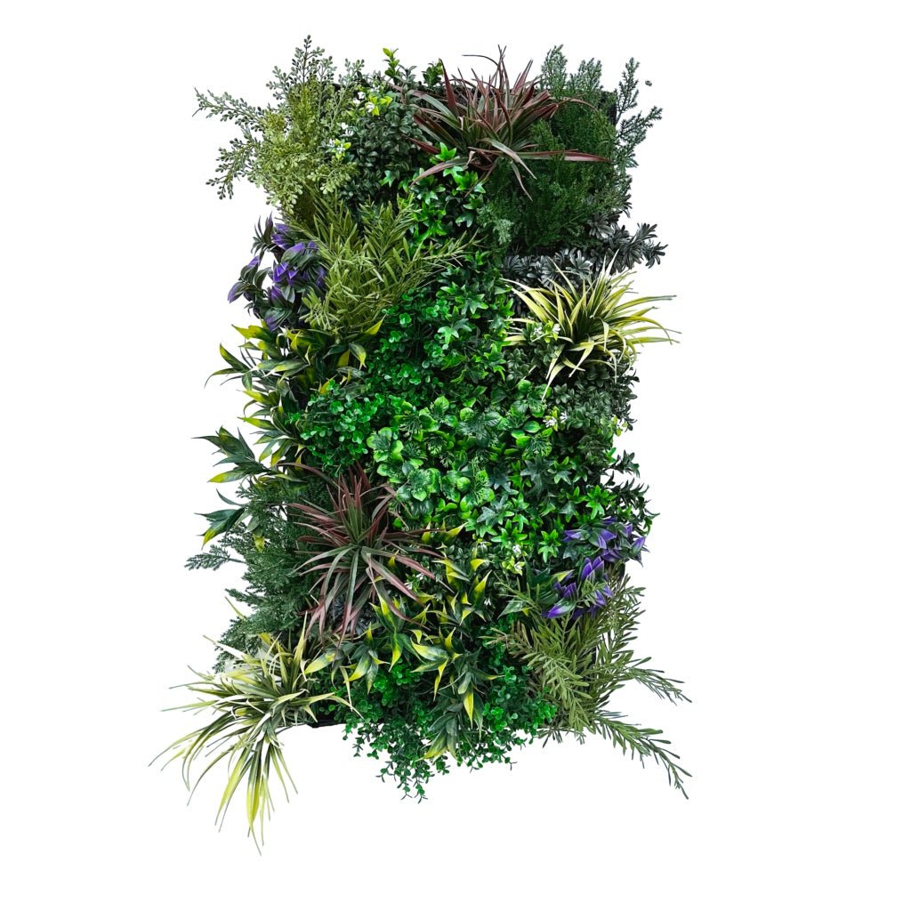 Freestanding artificial plant wall with layered green leaves and purple flower accents