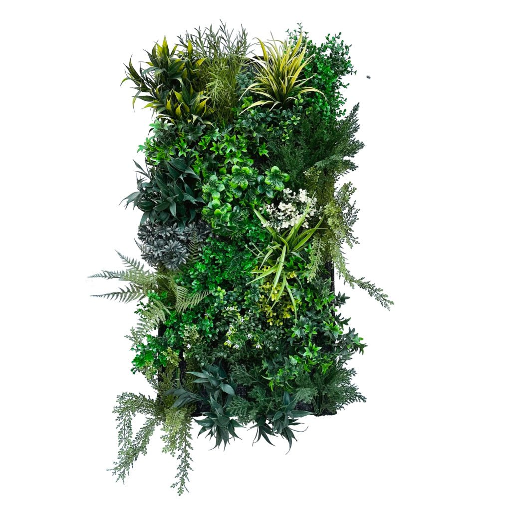 Artificial 3D plant wall panel dense mix of green plants with ferns and grass-like blades