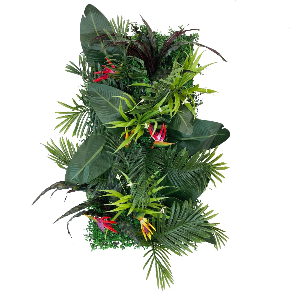 Artificial tropical plant wall with dense green leaves and red-yellow bird-of-paradise accents