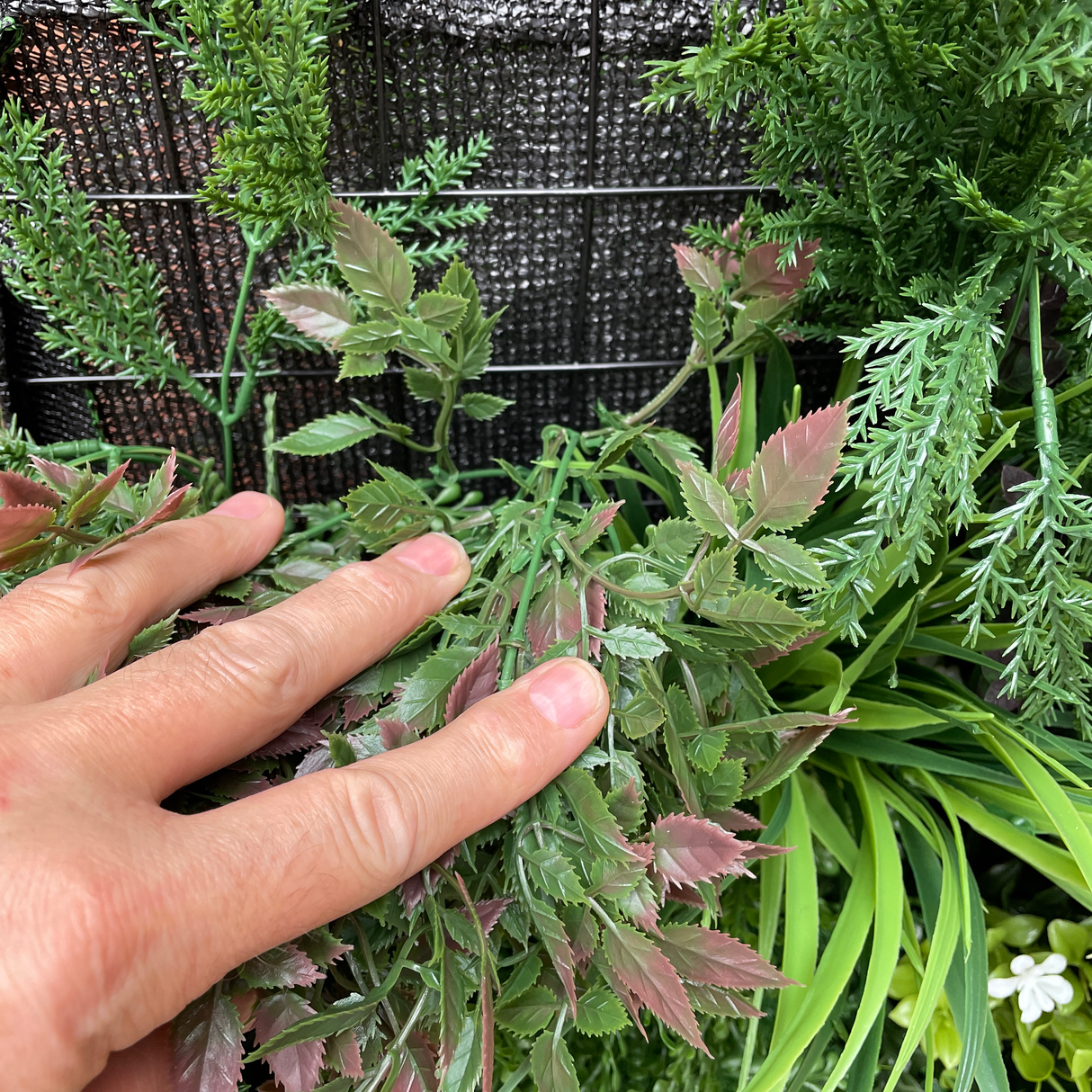 Artificial plant wall panel with mixed greenery; hand presses leaves for a close-up feel