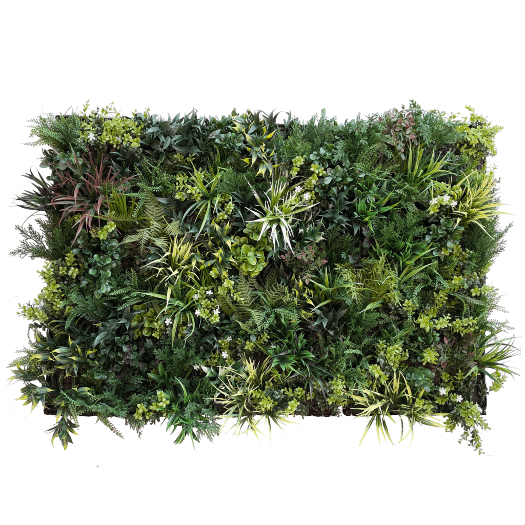 Artificial plant wall panel, rectangular, dense mixed green plants with fine grass-like blades