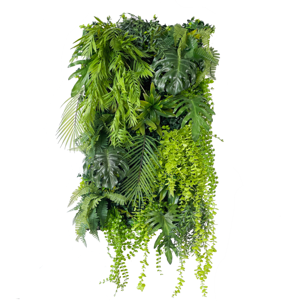 Green jungle tropical artificial 3D plant wall with lush green tropical foliage and trailing plants  100x50cm Ceiling or Walls