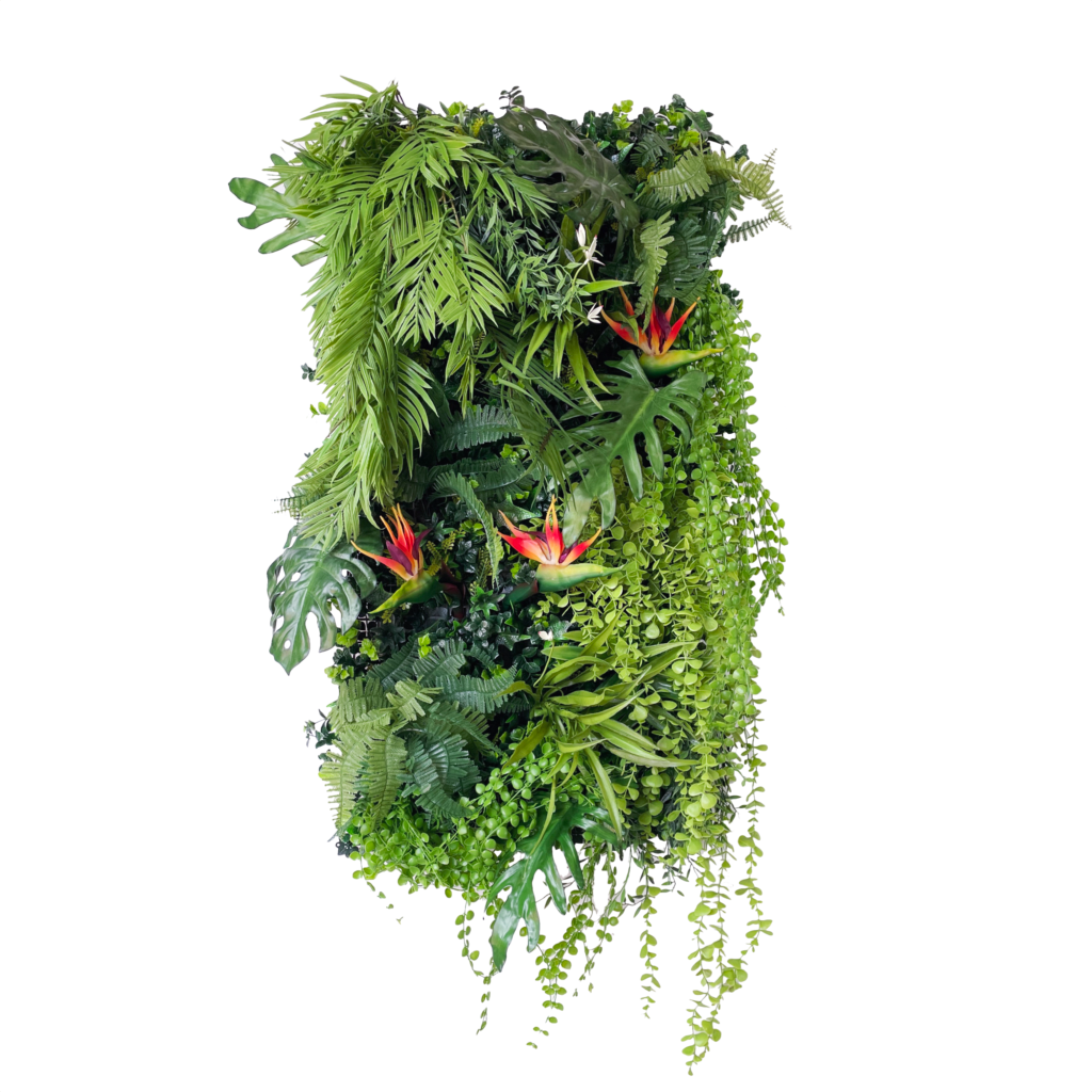Artificial tropical plant wall panel with hanging greenery and red-orange bird of paradise flowers