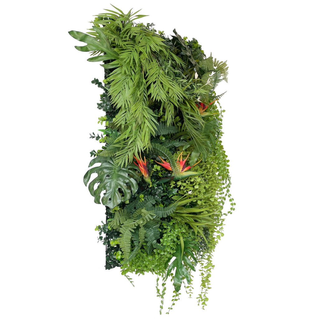 Flowering jungle tropical artificial 3D plant wall with Birds of Paradise, white flowering palms ,lush green trailing foliage 100x50cm Ceiling or Wall