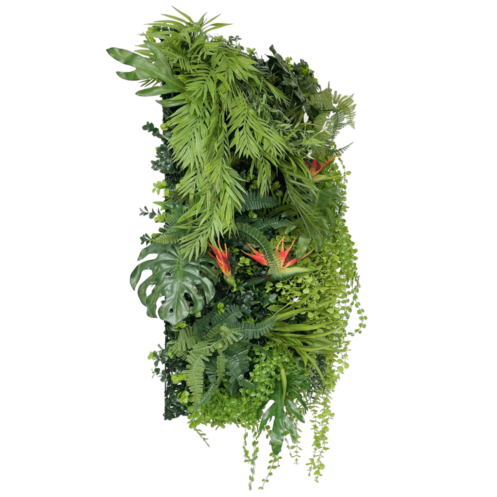 Artificial tropical plant wall panel with dense green foliage and orange bird of paradise accents
