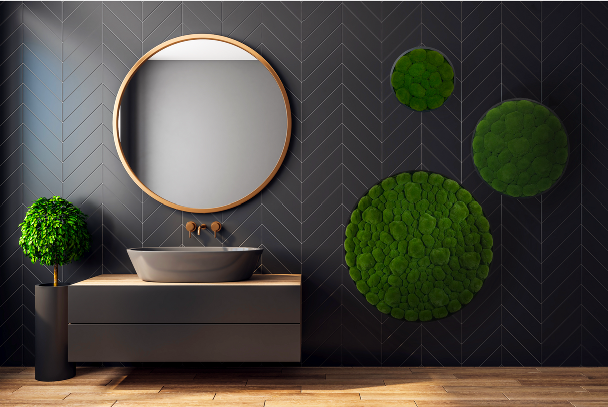 Artificial bun moss wall circular art panel aluminium Black - 80cm