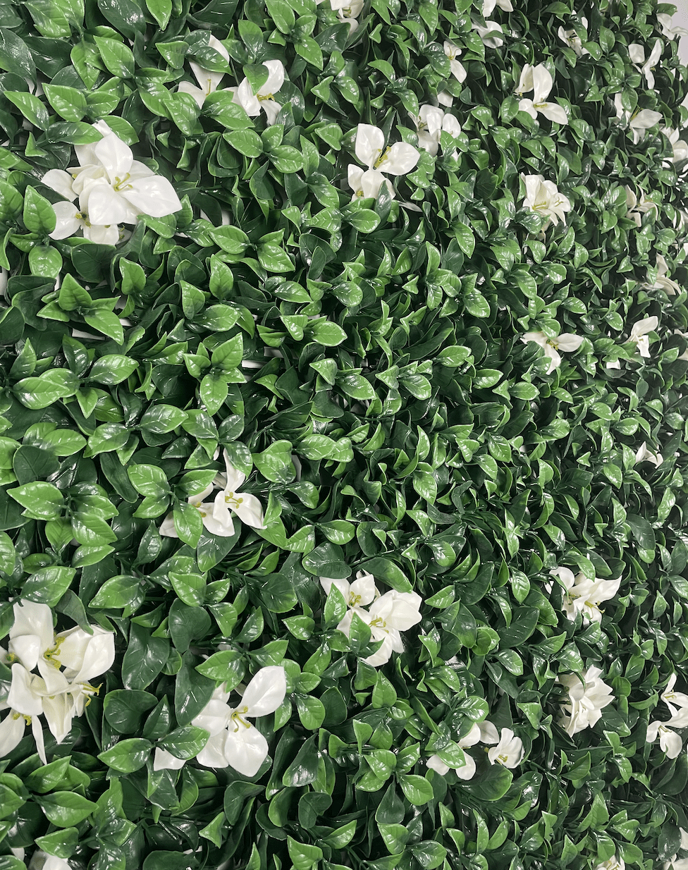 Artificial green foliage wall panel close-up with white gardenia blossoms