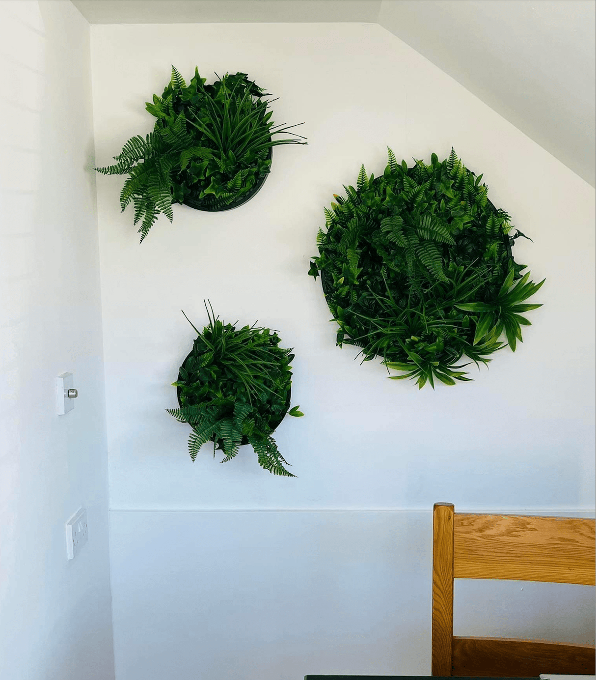 Green artificial foliage circular wall panels on white walls in a room corner