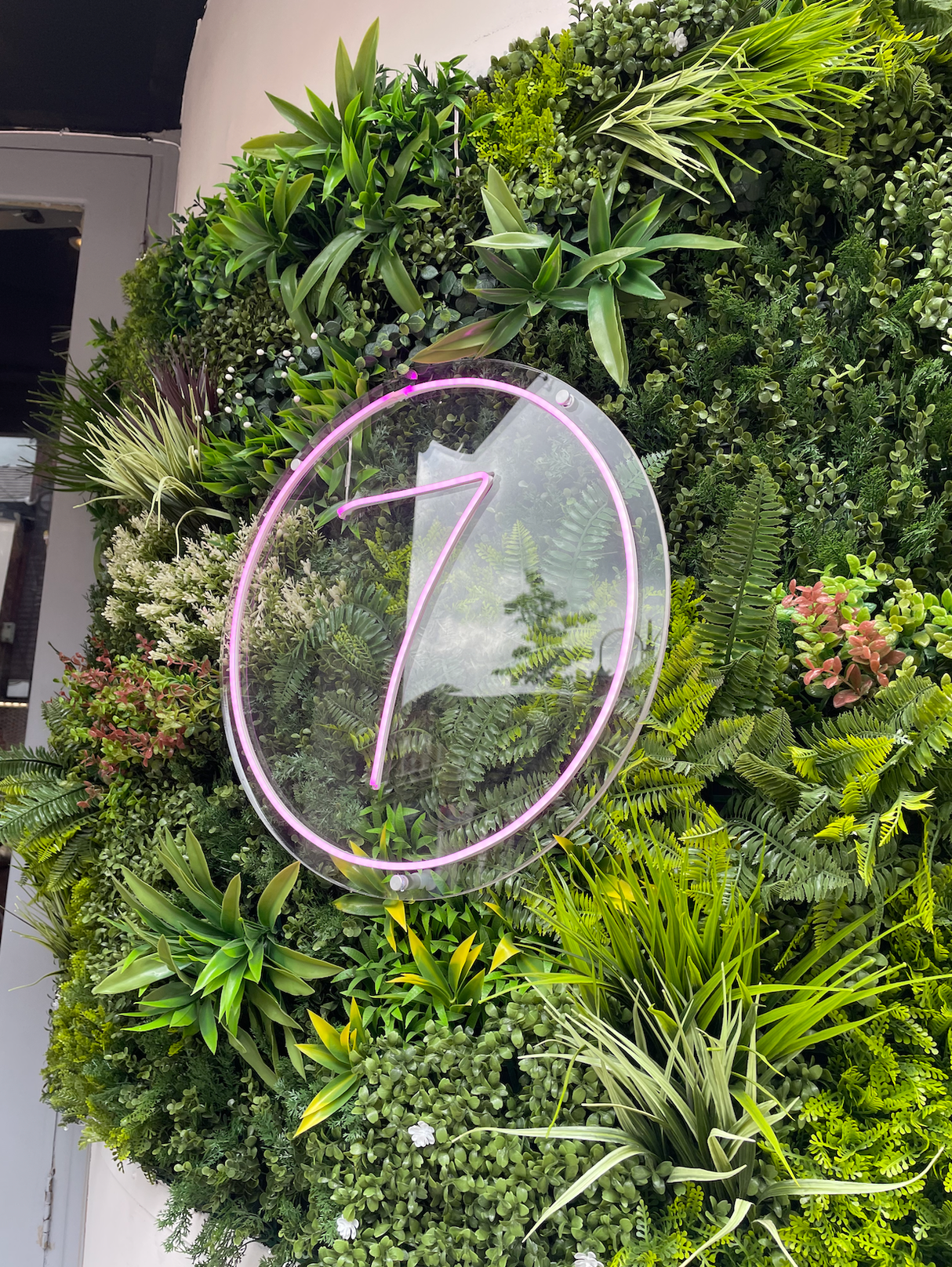 Artificial green foliage wall panel with pink circular neon-style garden clock