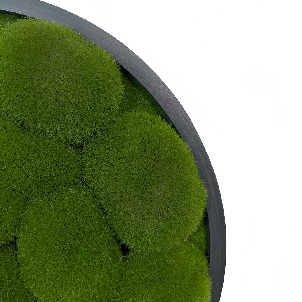 Green artificial moss circular wall panel with dark MDF rim.