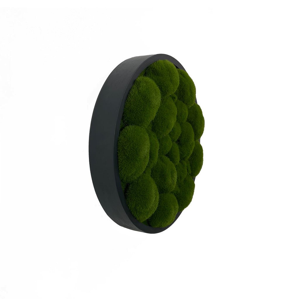 Green artificial moss circular wall panel on dark MDF backing.