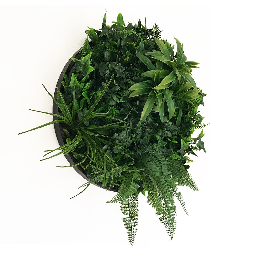 Black circular wall art panel with mixed green artificial leaves, ferns, and stems