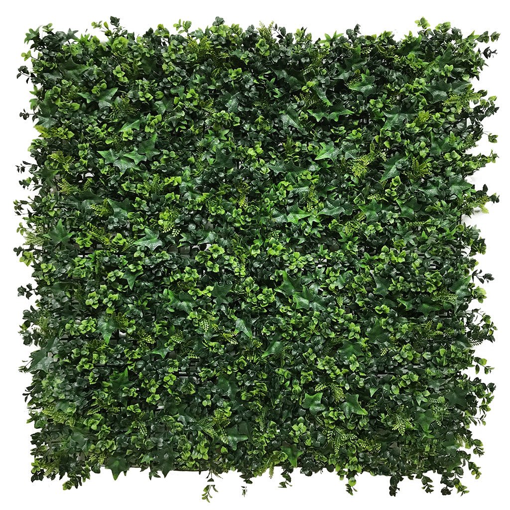 Artificial green wall plant panel with mixed faux ivy and fern leaves, dense green coverage