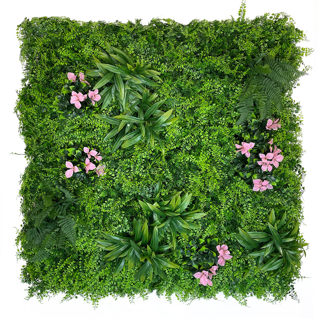 Artificial green wall panel with  ferns palms and pink flowers 100x100 cm