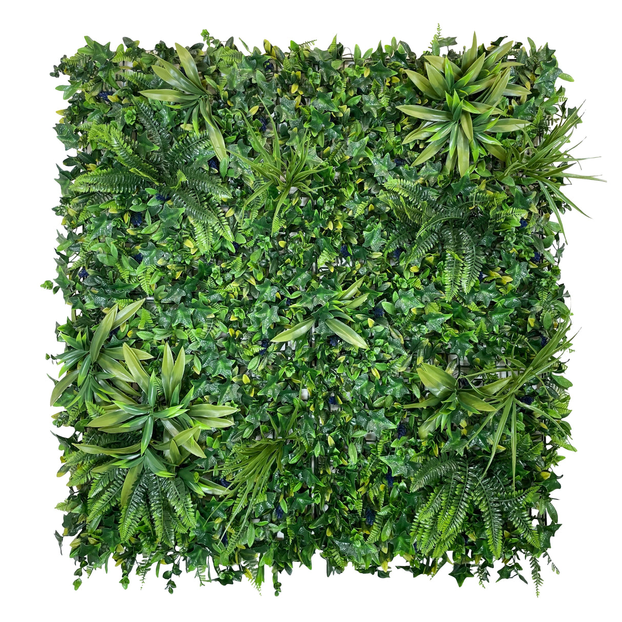 Artificial green wall panel with variegated greens of ivy, ferns, palm heads, grasses & blue-purple flowers  100x100 cm