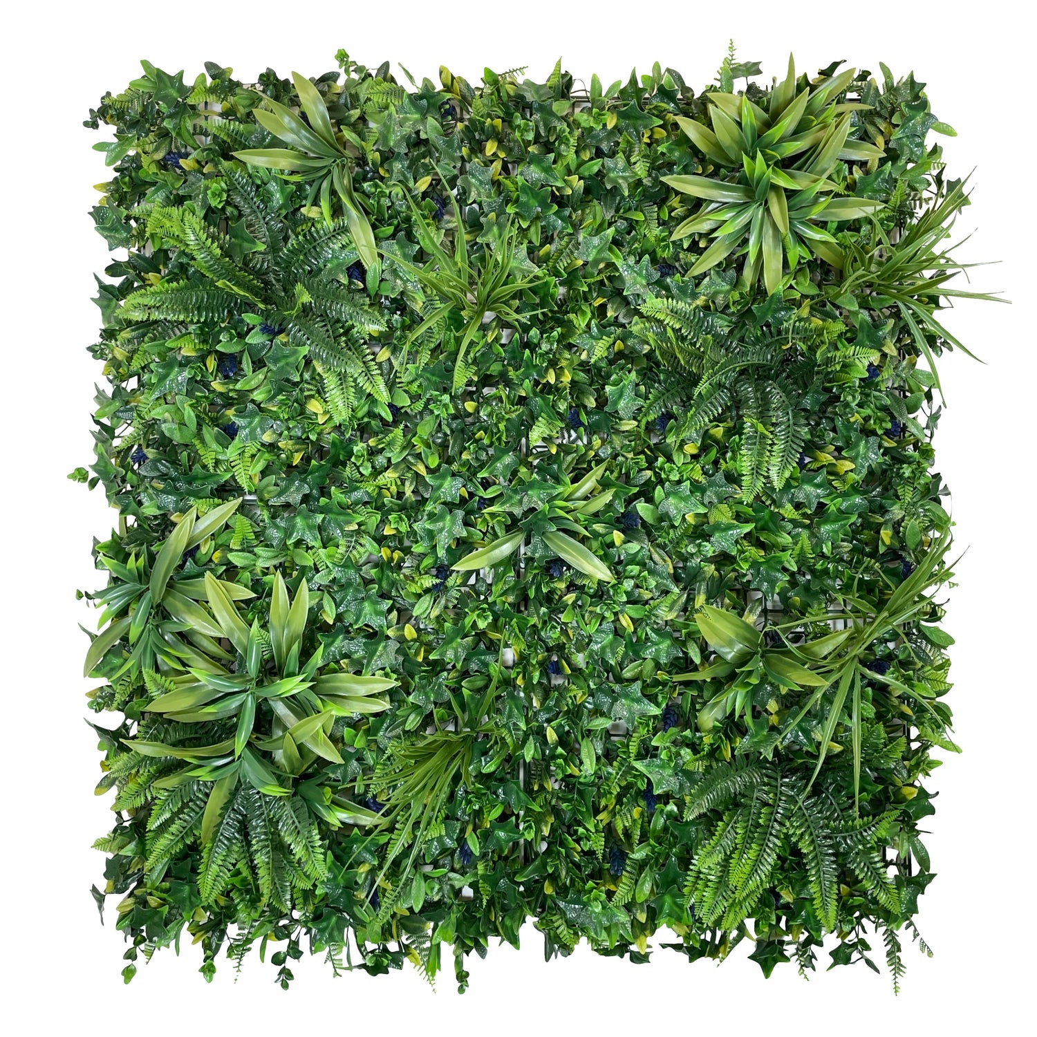 Artificial green wall panel with variegated greens of ivy, ferns, palm heads, grasses & blue-purple flowers  100x100 cm