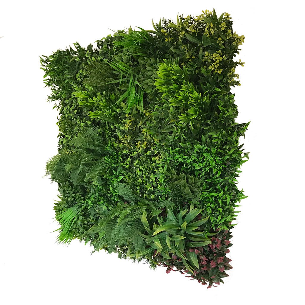 Square artificial green foliage wall panel with mixed leaves, 100x100 cm