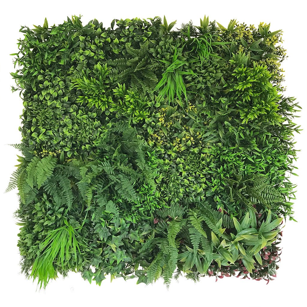 Artificial square wall panel of dense green leaves and fern foliage, 100x100 cm