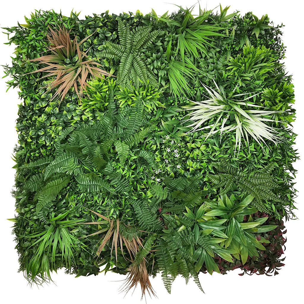 Artificial green foliage wall panel, square, with dense mixed leaves and tufts