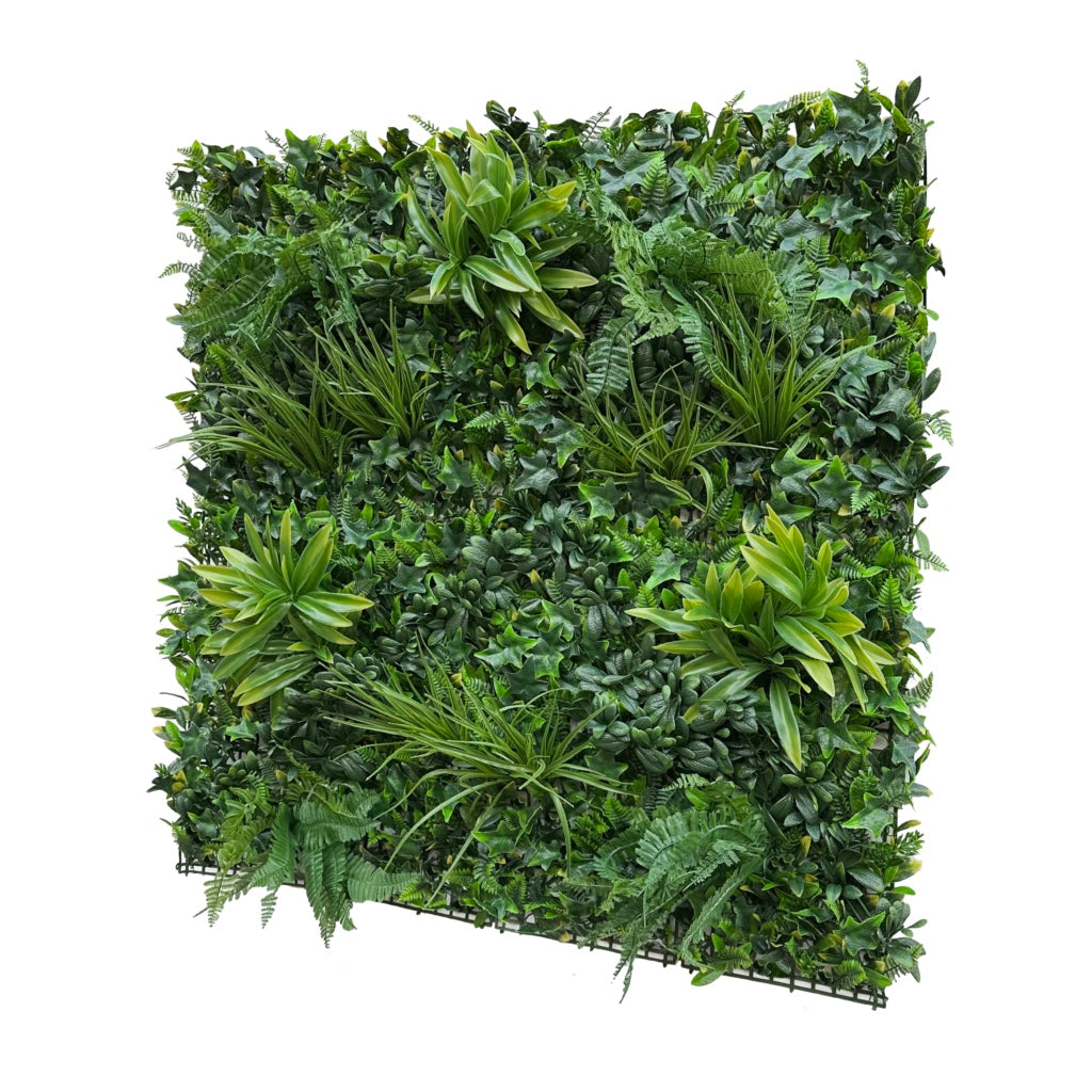 Artificial green wall panel with variegated foliage ivy palms grasses and ferns 100x100 cm