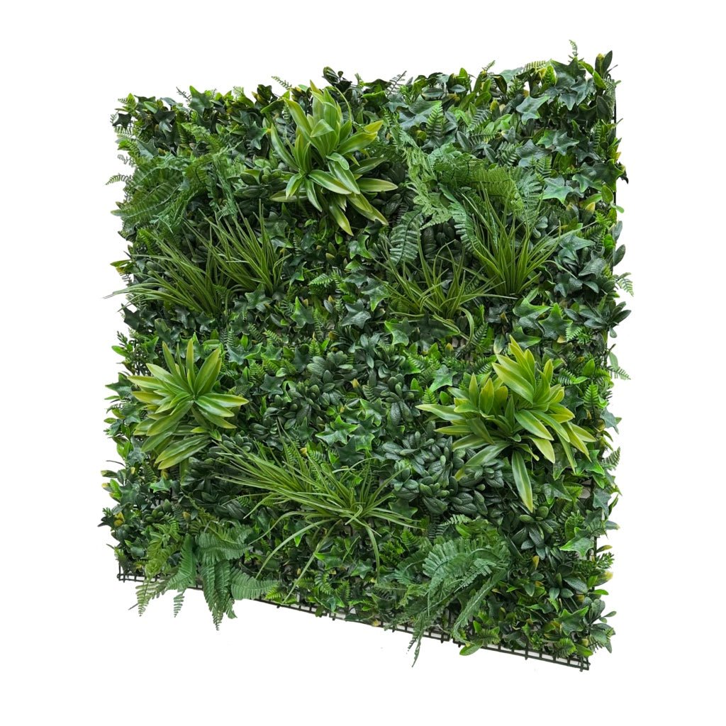 Artificial green foliage wall panel with dense leaf clusters, variegated palms and ferns