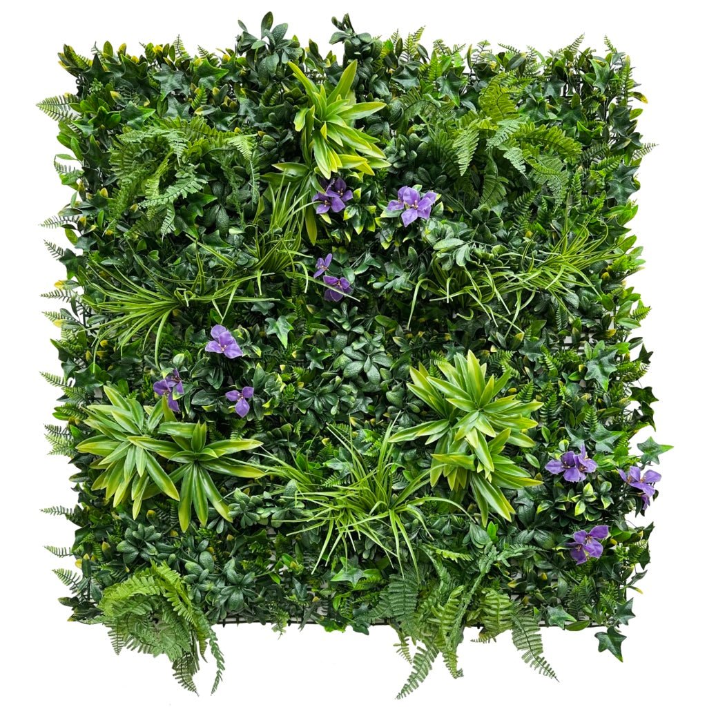 Artificial green wall panel with mixed leafy foliage and small purple flowers, 100x100 cm