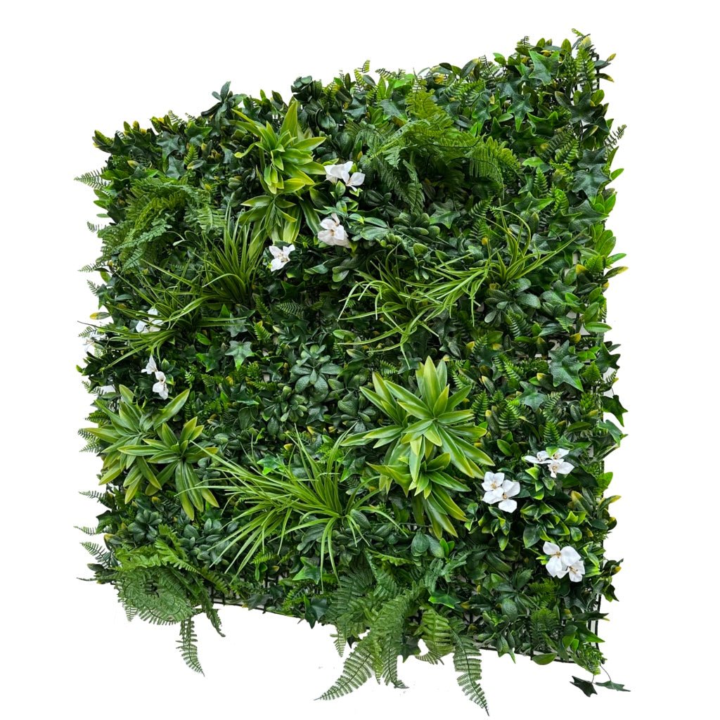 Artificial green foliage wall panel with variegated leaves and small white blossoms