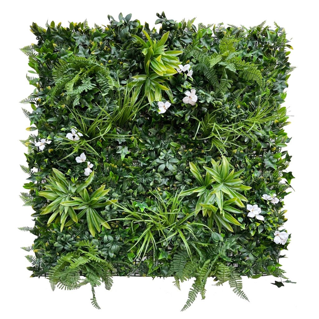Artificial green foliage wall panel featuring palms, ferns, and white blossoms