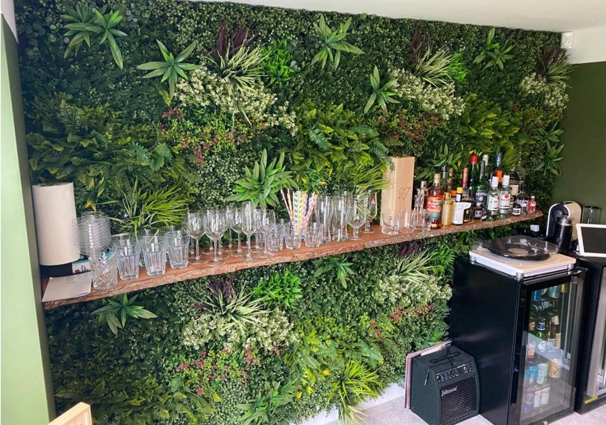 Artificial green wall panel GW74B with variegated mixed green yellow red white foliage 100x100 cm