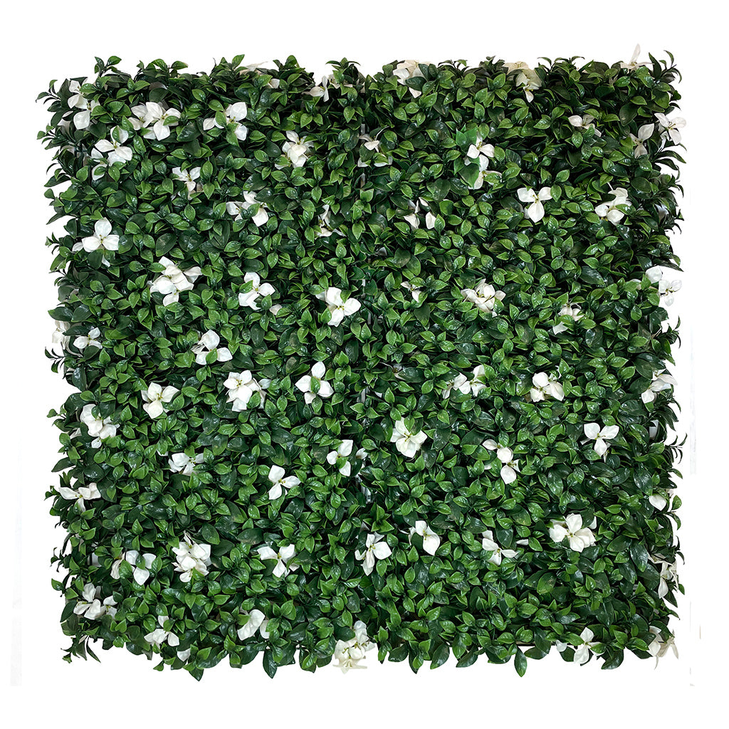 Artificial green wall panel with variegated green foliage and white gardenia flowers 100x100 cm