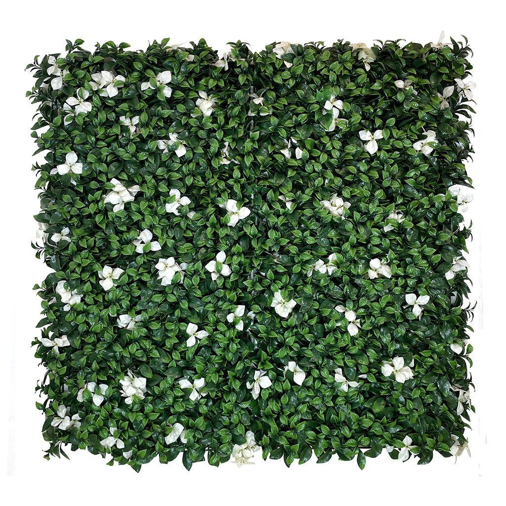 Artificial green foliage wall panel with white gardenia flowers, 100x100 cm